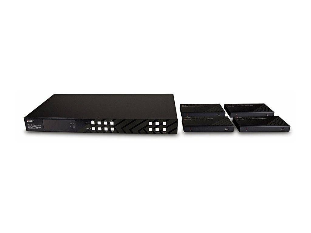 Schwarzes Rack-Mount-Videomischpult oder Servereinheit mit Tastenreihen, dargestellt mit vier passenden kleinen Schubladen oder Modulen daneben auf weißem Hintergrund.