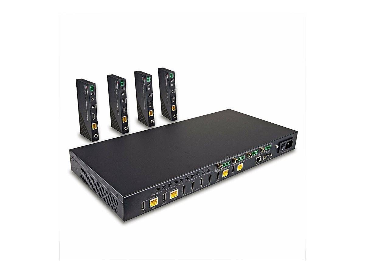 Schwarzer Netzwerk-Switch mit mehreren Ethernet-Anschlüssen, gezeigt mit vier passenden modularen Einheiten, die dahinter auf weißem Hintergrund stehen.
