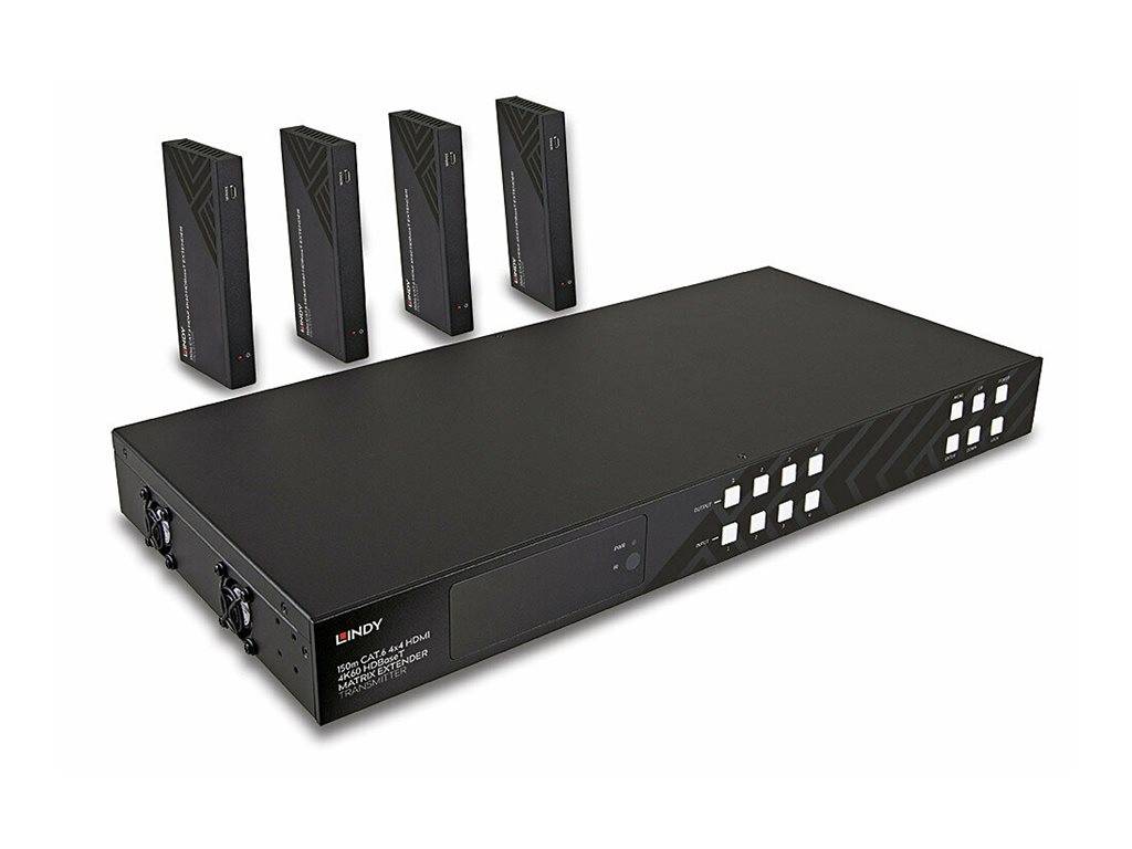Schwarzer Rack-KVM-Schalter mit vier Remote-Modulen und Fronttasten zur Steuerung mehrerer Computer.