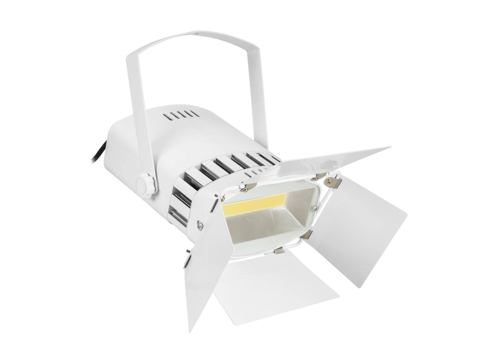 Ein weißer LED-Scheinwerfer mit verstellbaren Torblenden zur Steuerung der Lichtrichtung, der häufig in der Fotografie oder Bühnenbelechtung verwendet wird.