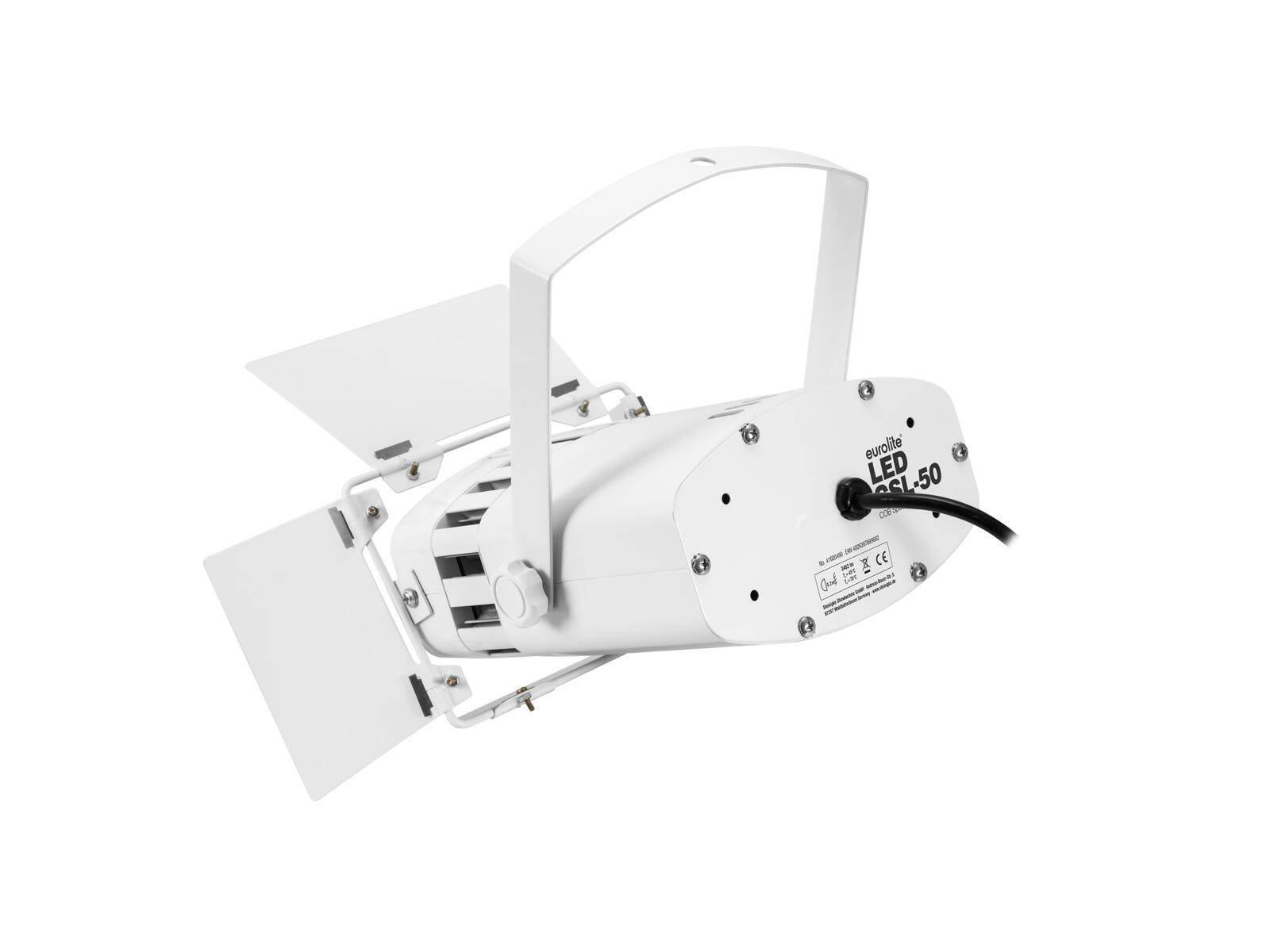 Ein weißer LED-Scheinwerfer mit Griff und Torblenden, beschriftet mit 'LED PARL50'. Das Kabel ragt aus der Rückseite heraus und ist geeignet für Bühnenbelechtung.