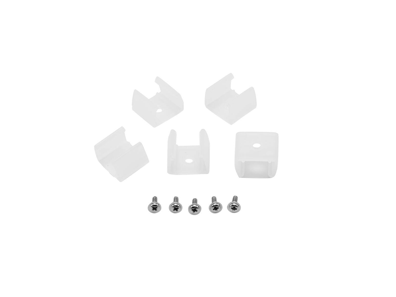 Vier weiße Kunststoffhalter und fünf kleine Metallschrauben' auf einfachem Hintergrund angeordnet.