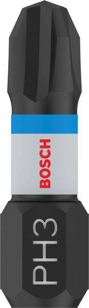 Ein zylindrisches Objekt mit einem grauen Körper und blauem Ober- und Unterteil, auf dessen Seite das rote Wort 'BOSCH' vertikal aufgedruckt ist.
