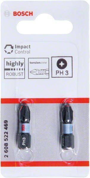 Zwei 'Impact Control' Schraubendreher-Bits in Verpackung. Etiketten weisen auf Robustheit hin und zeigen eine Torsionszone mit PH3-Typmarkierung.