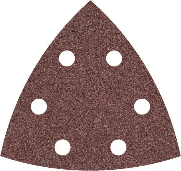 Ein dreieckiges Schleifpapierblatt mit sechs Löchern, entwickelt für einen Exzenterschleifer. Es verfügt über eine raue, braune Schleifoberfläche.