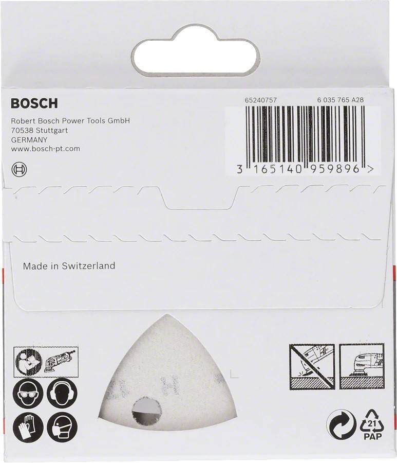 Verpackung der Marke 'BOSCH' für ein Werkzeugzubehör, das in der Schweiz hergestellt wurde. Enthält Barcode und Illustrationen zur Werkzeugverwendung.