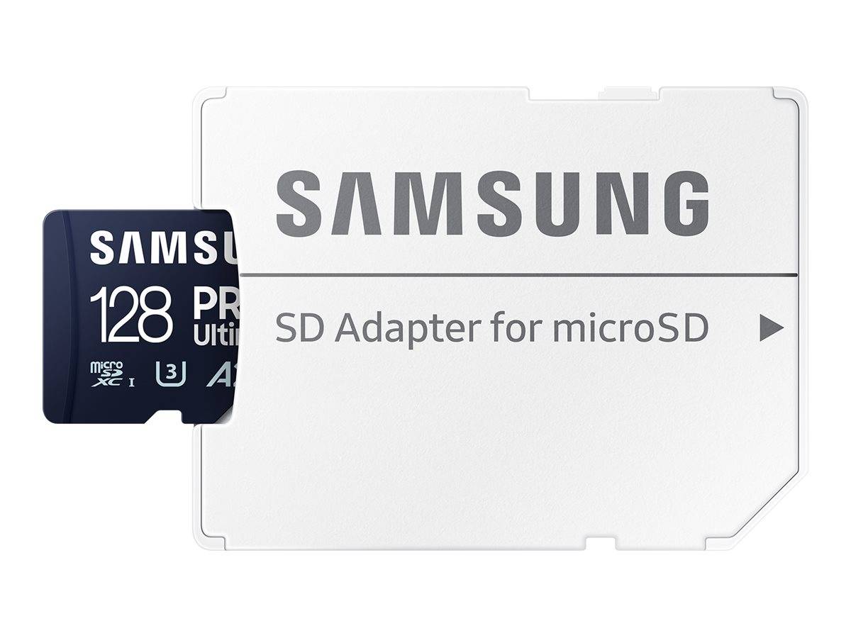Samsung 128GB microSD-Karte mit SD-Adapter, gezeigt in einem produktbildstil-verpackungsbild.
