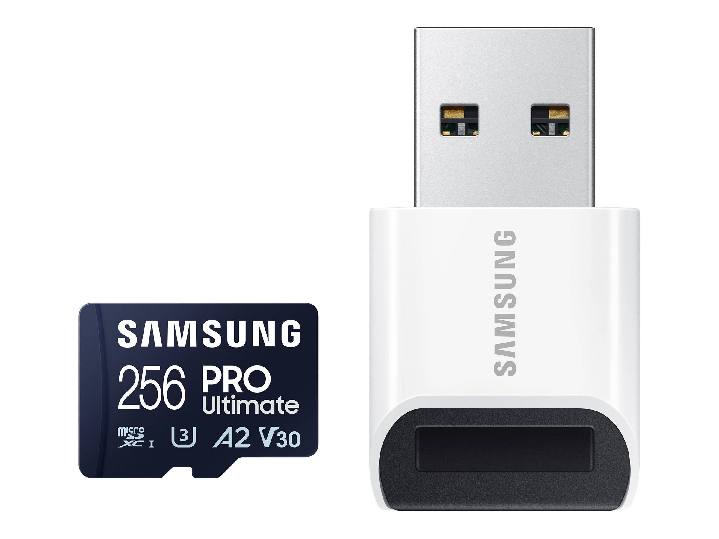 Samsung 256 GB PRO Ultimate microSD-Karte neben einem Samsung USB-Kartenleser-Adapter auf weißem Hintergrund.