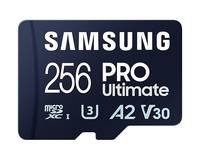 Samsung 256GB Pro Ultimate microSD-Speicherkarte mit A2- und V30-Geschwindigkeitseinstufungen.