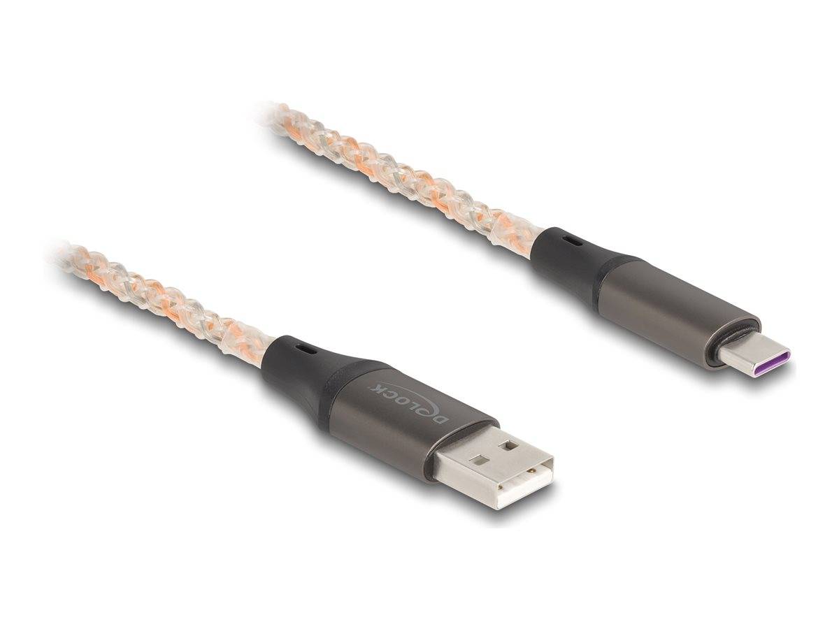 Geflochtenes USB-C-Ladekabel mit USB-A-Stecker an einem Ende und USB-C-Anschluss am anderen Ende, dargestellt auf weißem Hintergrund.