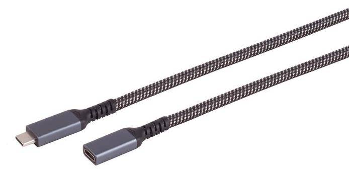 USB-C-Kabel mit geflochtenem schwarzweiß gemustertem Mantel und grauen Steckern auf weißem Hintergrund