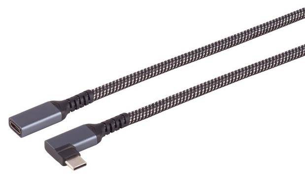 Geflochtenes USB-C-Kabel mit einem geraden USB-C-Buchse-Anschluss und einem rechtwinkligen USB-C-Stecker-Anschluss auf weißem Hintergrund