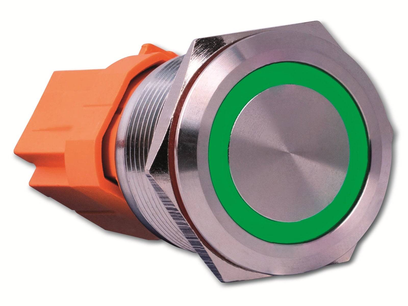 Ein metallischer Drucktastenschalter mit einem grünen LED-Ring und orangefarbenem Anschluss, verwendet für Bedienfelder oder elektronische Geräte.