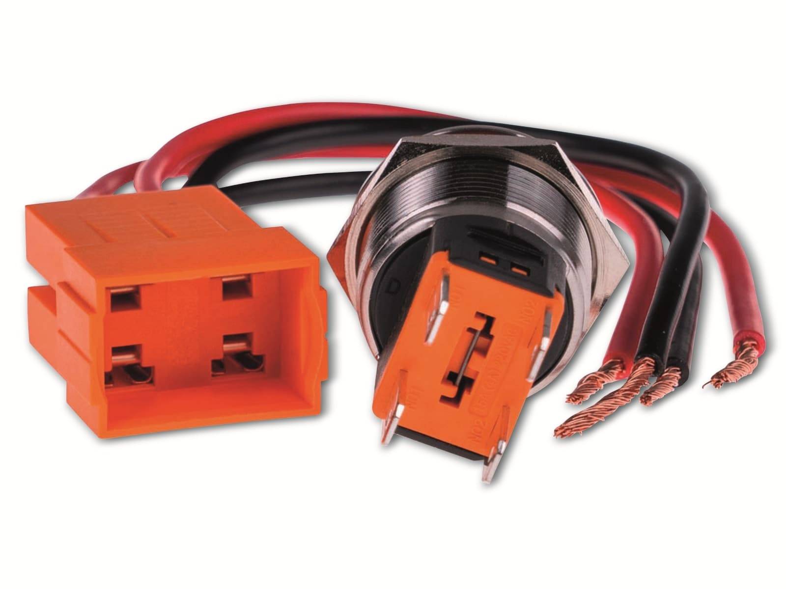 Orangefarbene Automotive-Buchse und Stecker mit schwarzen und roten Kabeln, versehen mit einem Metallkonnektor an einem Ende. Konzipiert für elektrische Verbindungen.