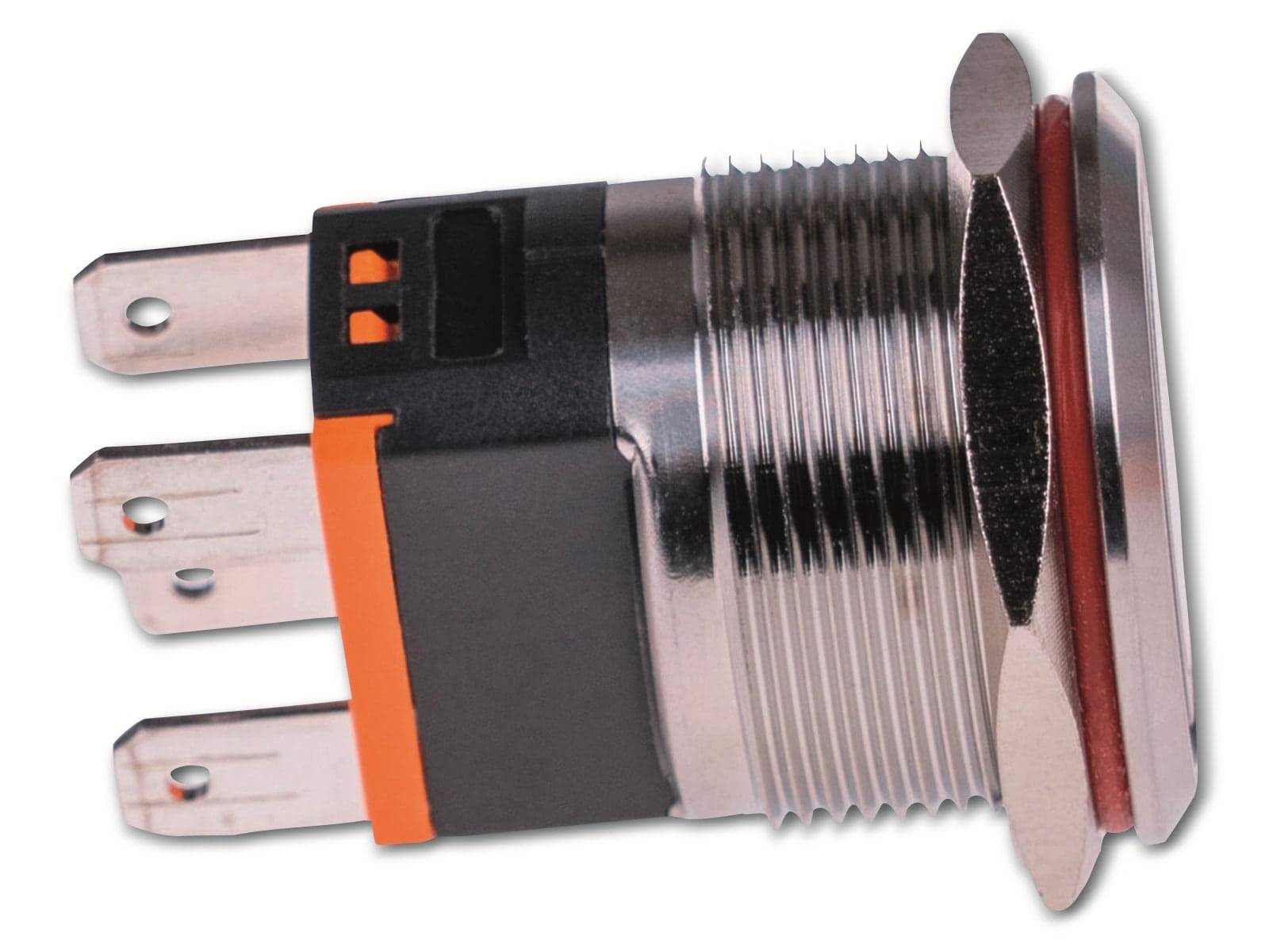 Eine Nahaufnahme eines zylindrischen Metall-Druckknopfschalters mit silbernen Rillen und einem orangefarbenen Kunststoffabschnitt. Der Schalter verfügt über mehrere Stifte zur Verbindung.