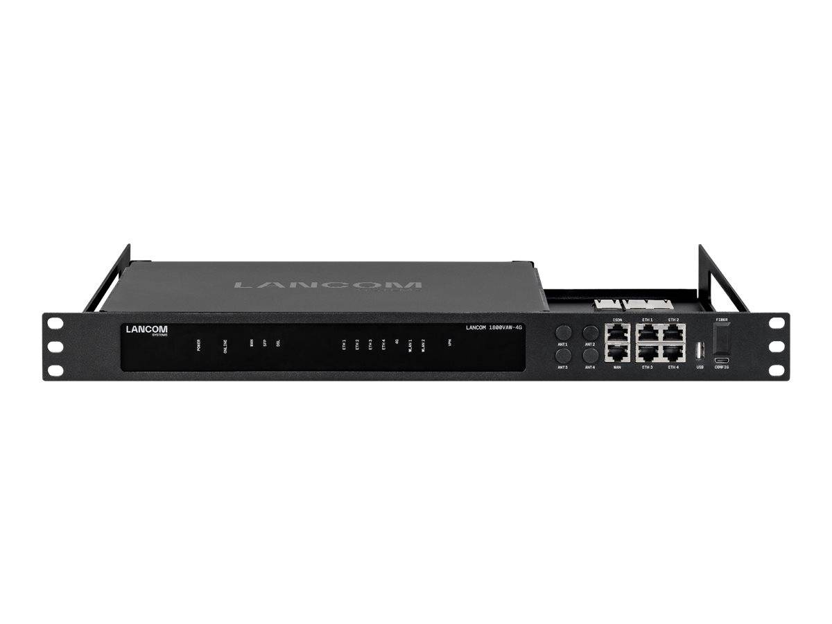 Schwarzes LANCOM-Netzwerkgerät zur Rackmontage mit Status-LEDs an der Vorderseite, Tasten und mehreren Ethernet-Anschlüssen auf der rechten Seite.