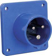 Eine blaue industrielle Elektrosteckdose mit drei runden Stiften, die aus einer quadratischen Basis hervorragen und für robuste Stromverbindungen ausgelegt ist.