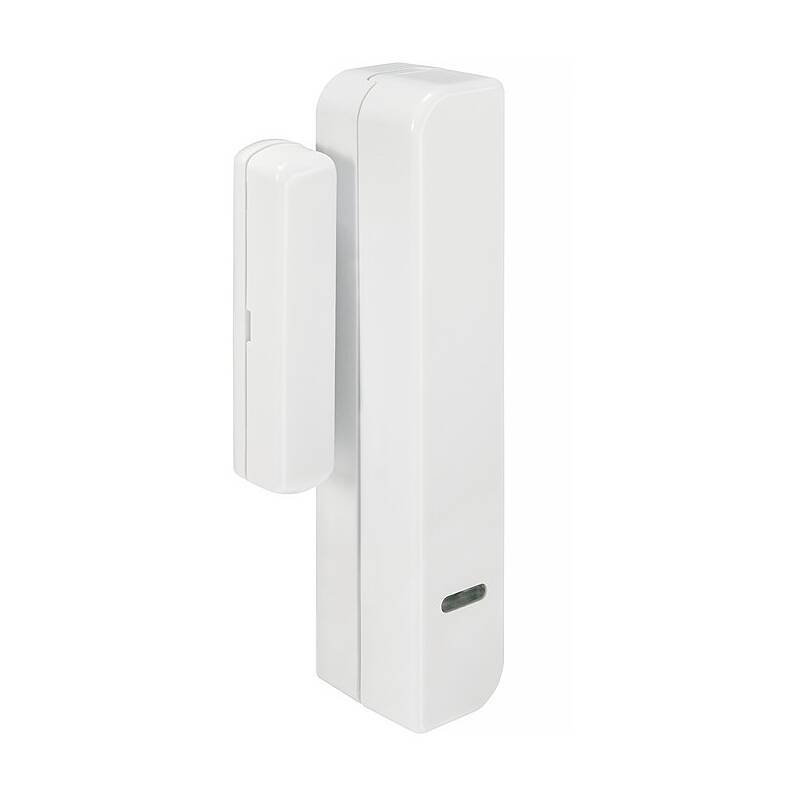 Weißer kabelloses Tür-/Fenstersensor mit zwei schlanken Magnetteilen auf einfachem weißem Hintergrund.
