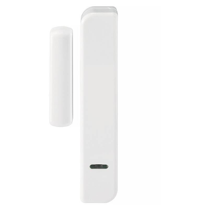 Weißer Tür-/Fensterkontaktsensor mit separatem Magnetstreifen, gezeigt auf einem einfachen weißen Hintergrund.