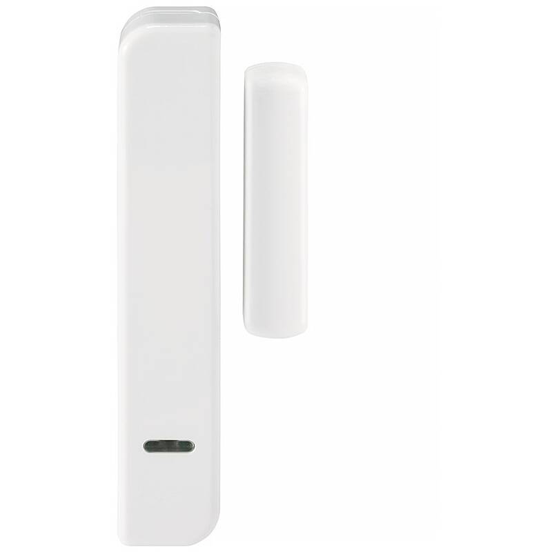 Weißer kabelloser Fenster-/Türkontaktsensor mit separatem schlankem Magnetschalter, gezeigt vor einfachem Hintergrund.