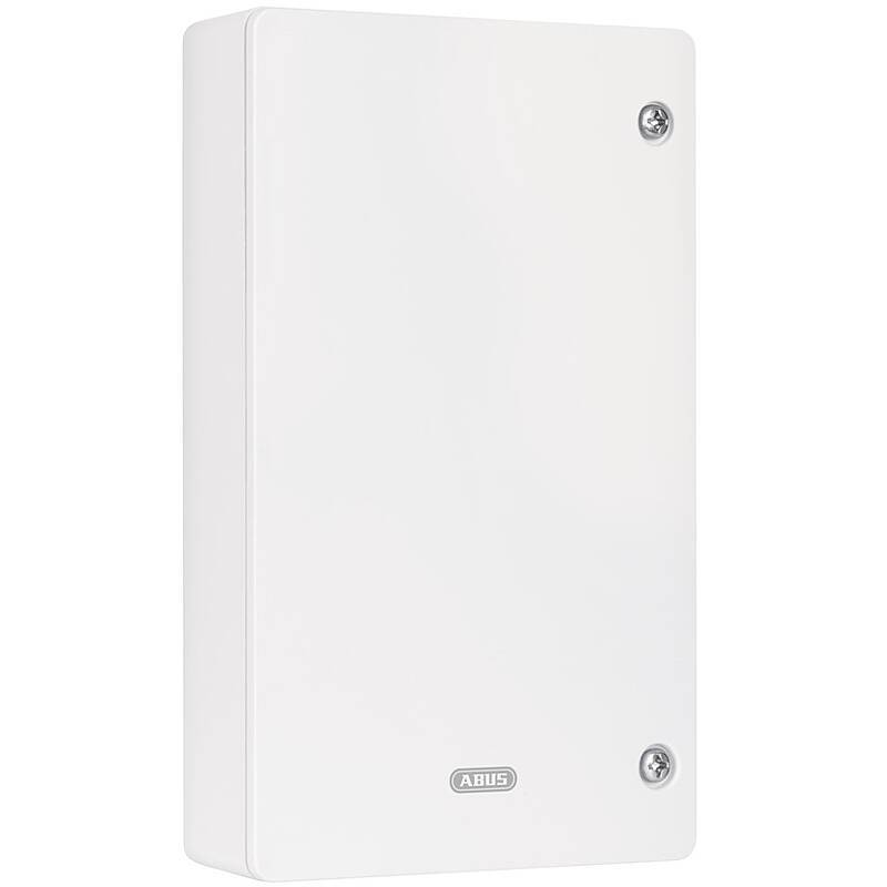 Weißes rechteckiges, wandmontiertes Elektrogehäuse von ABUS mit einer Kllapptür und zwei sichtbaren Schrauben auf der rechten Seite.