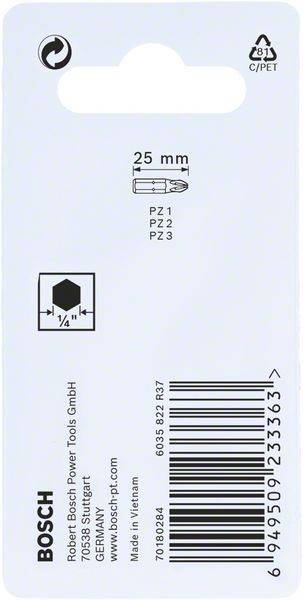 Verpackung für einen 25 mm Schraubenbit, kompatibel mit PZ1, PZ2 und PZ3 Schrauben, mit sechseckiger Form und einer 1/4 Zoll Größe.