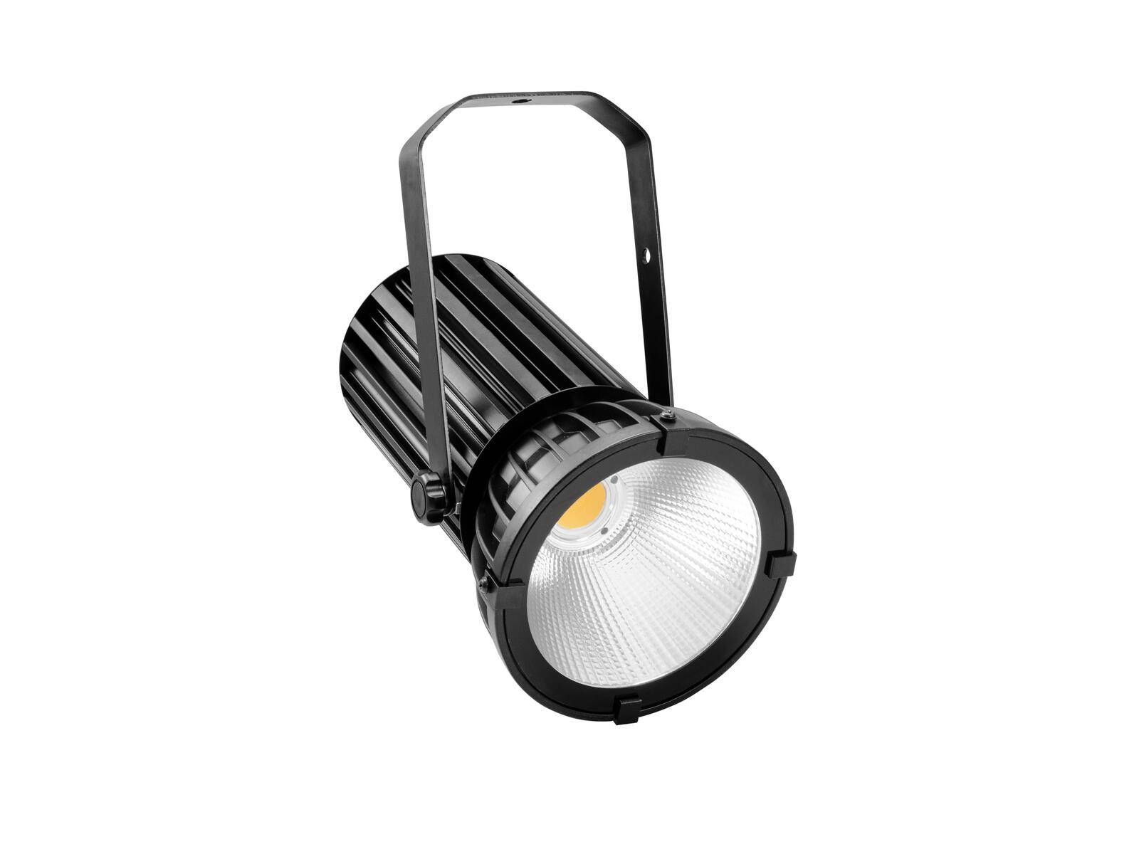 Ein schwarzer LED-Bühnenscheinwerfer mit Griff, konzipiert für die Deckenmontage, geeignet für professionelle Beleuchtung bei Veranstaltungen oder in Theatern.