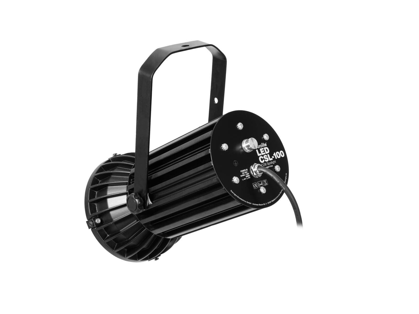 Schwarzer LED-Scheinwerfer mit Griff und Kabel, beschriftet als 'LED CSL-100'. Geeignet für Bühnen- oder Veranstaltungsbeleuchtung.