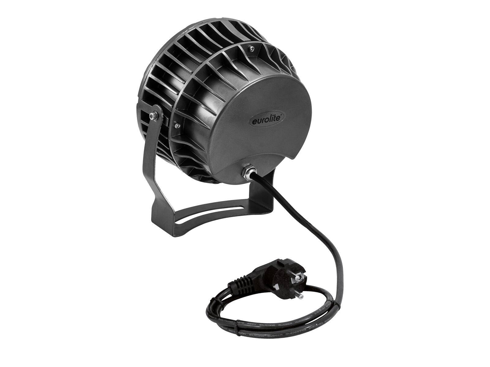 Ein schwarzes Eurolite Bühnenlicht mit einem fächerartigen Design und Netzkabel, verwendet für professionelle Beleuchtung bei Veranstaltungen und Aufführungen.