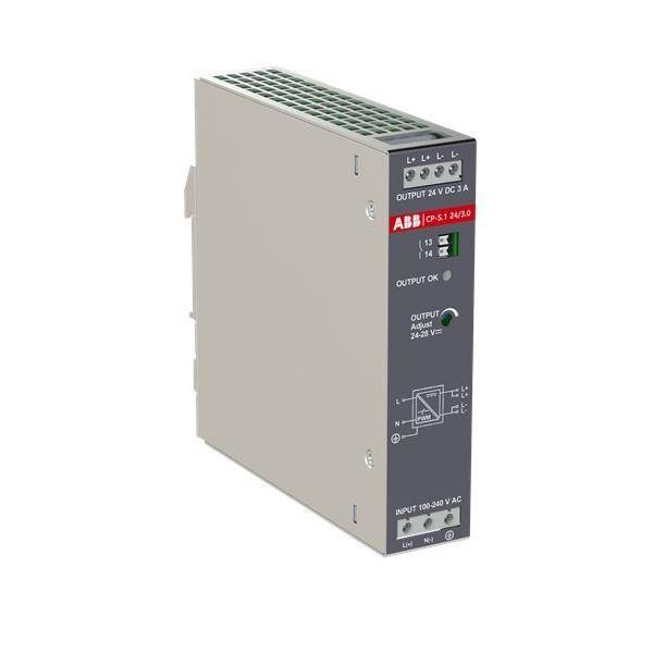 ABB CPS S.24/5.0' Stromversorgungsmodul für industrielle Anwendungen mit einer Ausgangsleistung von 24V DC, 5A. Graues Gehäuse mit Eingangsspannungsbereich 100-240V AC.