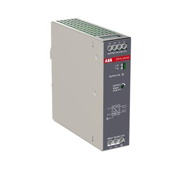 Stromversorgungseinheit mit ABB-Logo, grauem Gehäuse, Eingangsspannung 100-240VAC, Ausgang 24VDC, 5A. Geeignet für industrielle Anwendung.