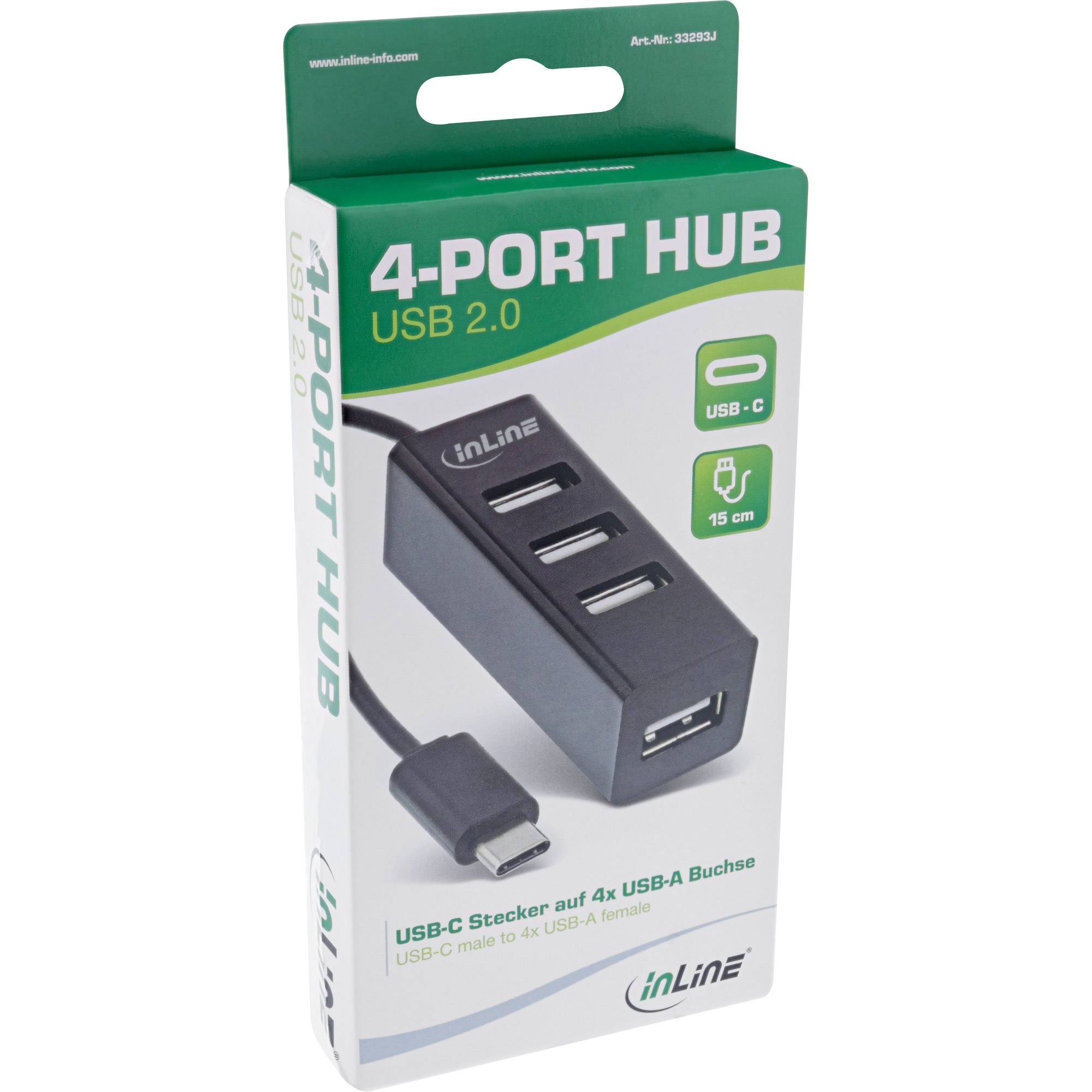 INLINE - USB 2.0 4-Port Hub - USB-C Stecker auf 4x USB-A Buchse - Kabel 15cm