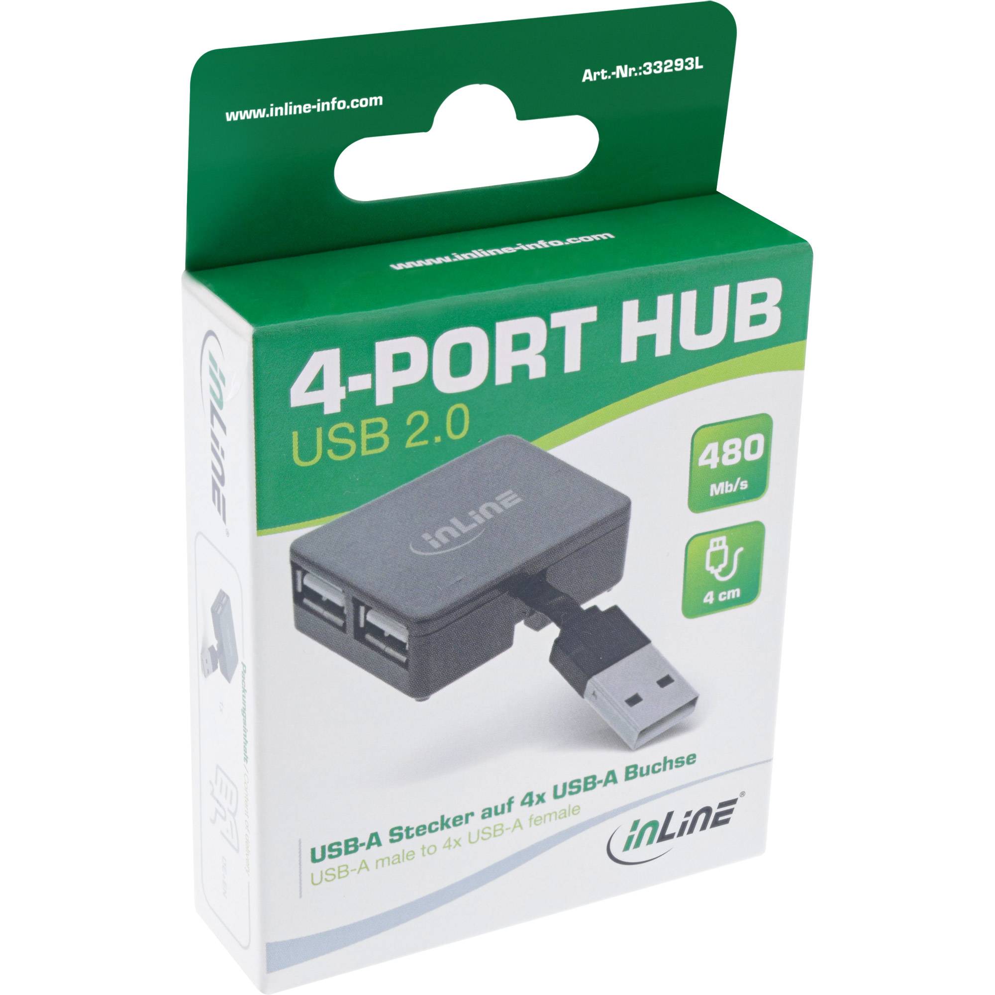 INLINE - USB 2.0 4-Port Hub - USB-A Stecker auf 4x USB-A Buchse - Kabel 4cm