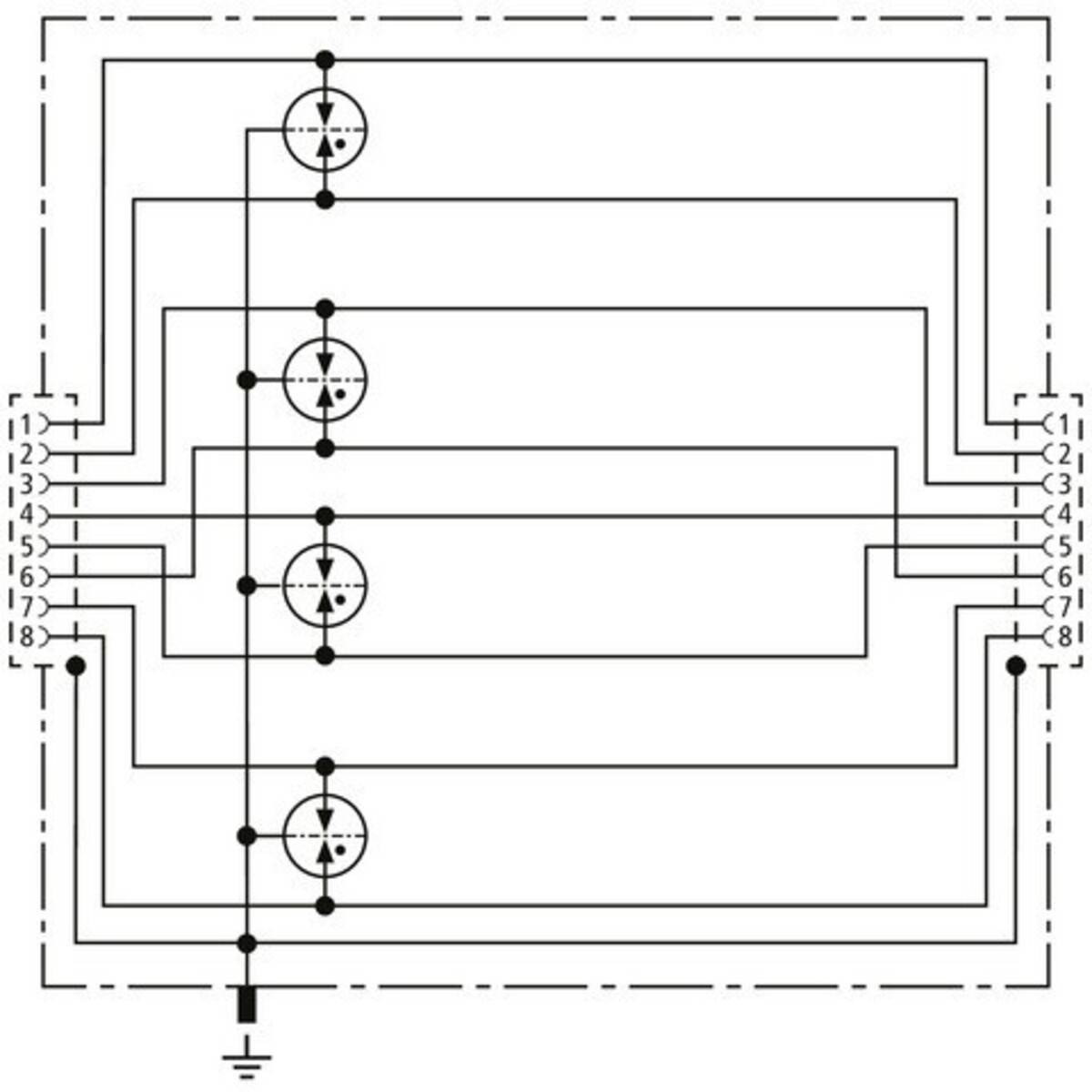 Eine schematische Darstellung eines Dreiphasen-Gleichrichterkreises, die Dioden in einer Brückenschaltung anordnet, mit Anschlüssen an AC-Eingängen und DC-Ausgang.