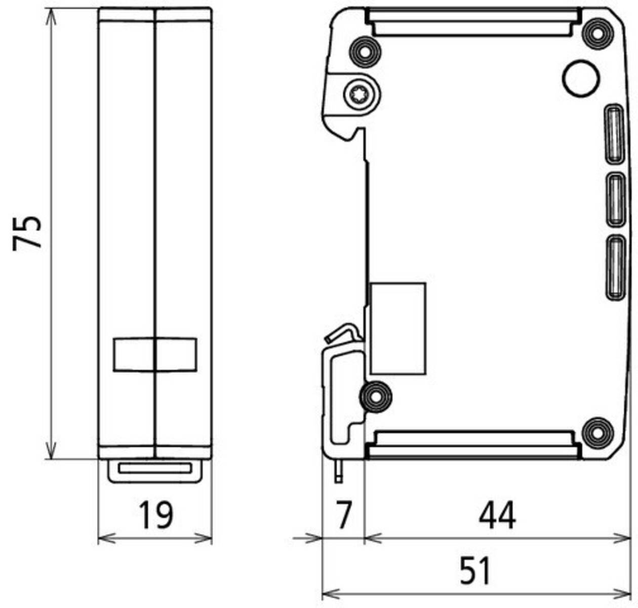 Technische Zeichnung einer elektronischen Komponente mit Abmessungen: Höhe 75 mm, Breite 19 mm, Tiefe 51 mm.