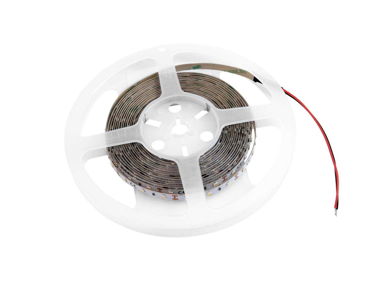 Ein aufgewickelter Streifen von LED-Leuchten auf einer weißen Kunststoffspule, mit roten und schwarzen Drähten, die sich von einem Ende erstrecken.