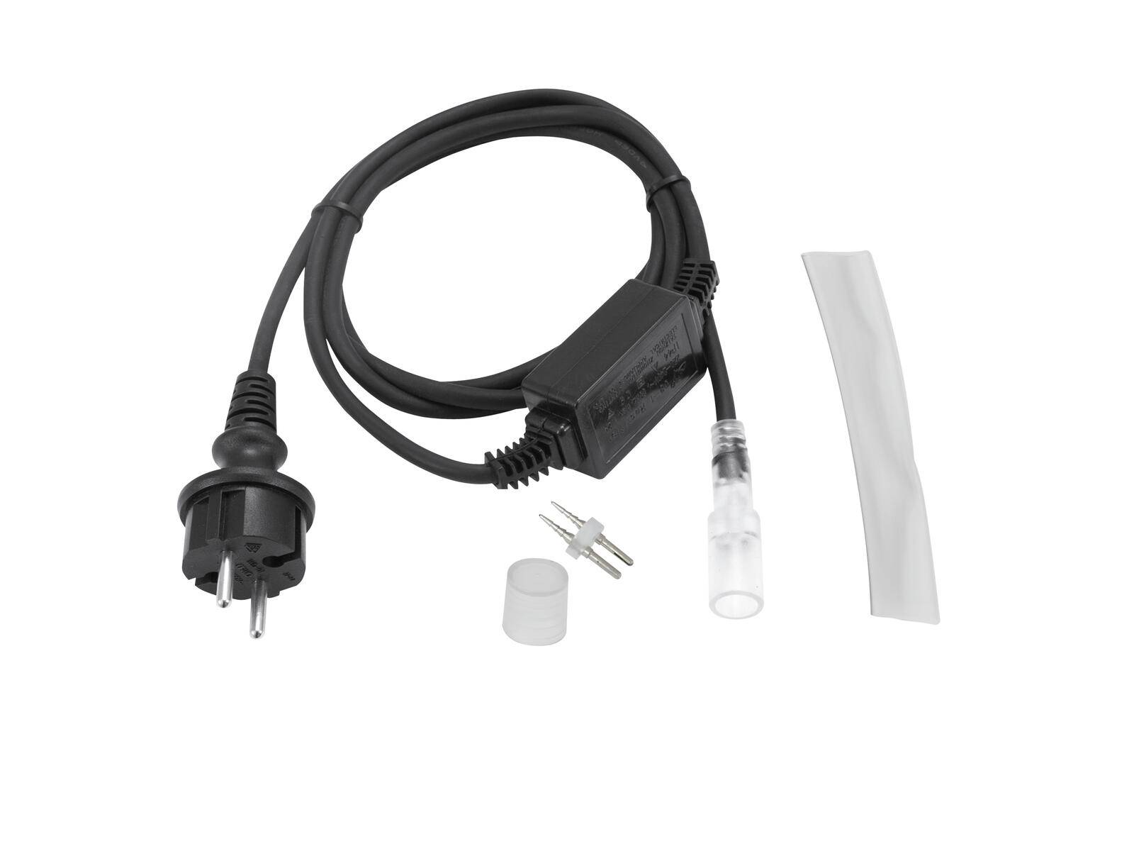 Ein schwarzes Stromkabel mit europäischem Stecker, kleine Steckerteile und eine transparente Kunststoffhülle, verwendet für elektrische Verbindungen und Reparaturen.