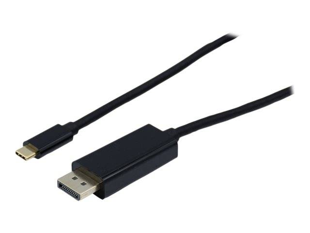 Ein schwarzes DisplayPort-Kabel mit Anschlüssen an beiden Enden, das zur Übertragung von Video- und Audioinhalten von einer Quelle zu einem Display verwendet wird.
