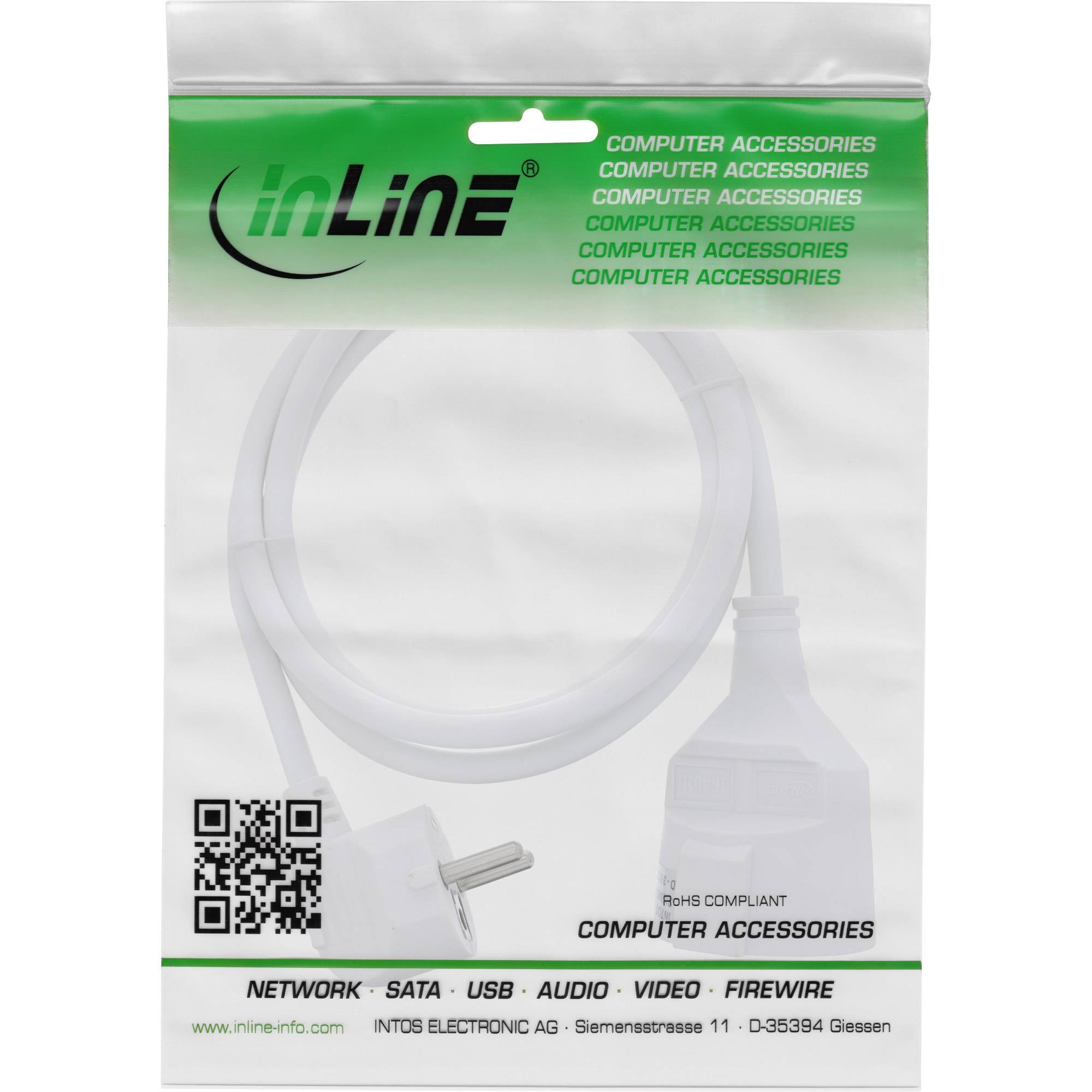 INLINE - Strom-Verlängerung Schutzkontakt Stecker gewinkelt / Buchse - weiß - 5m