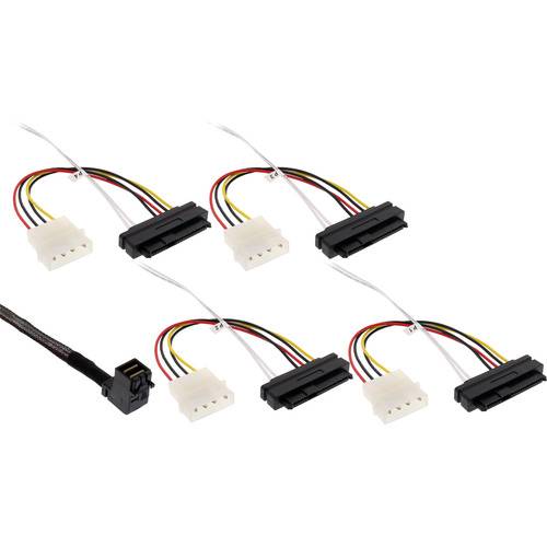 Satz von fünf SATA-zu-Molex-Stromadapterkabeln mit Steckverbindern, nützlich zum Anschließen von Festplatten und optischen Laufwerken an Stromversorgungsgeräte.
