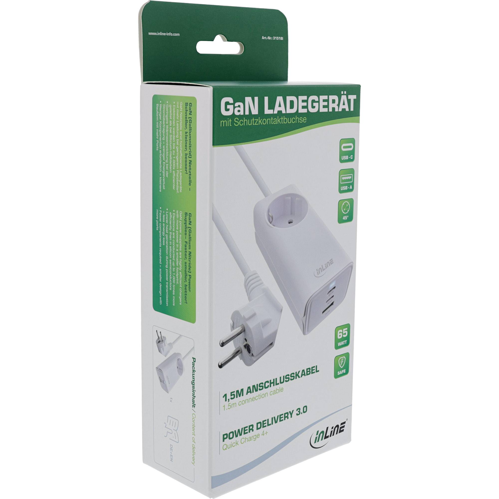 INLINE - USB Netzteil - GaN Ladegerät - 2x USB-C - 1x USB-A - mit Schutzkontaktbuchse