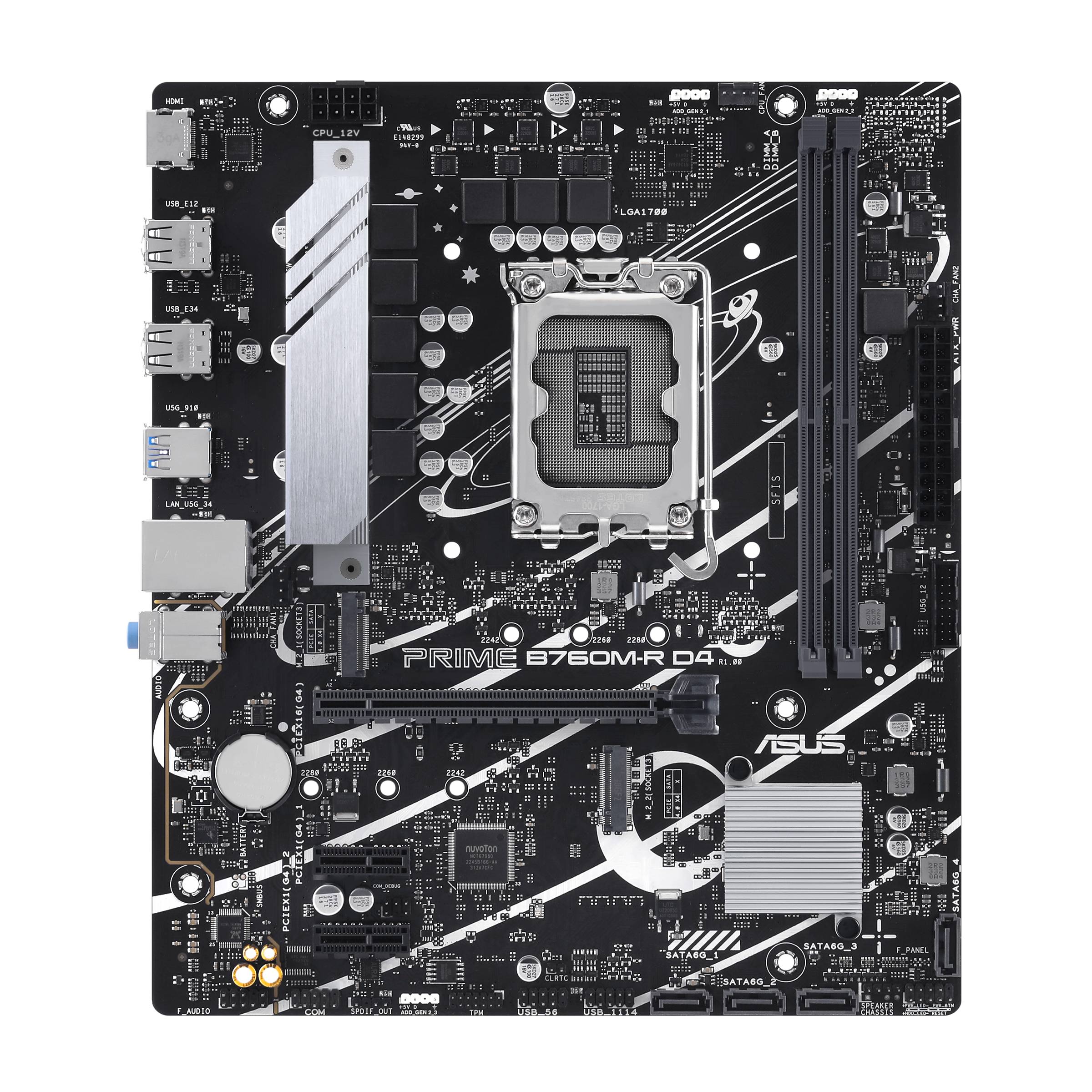 ASUS PRIME B760M-R D4 Motherboard, zeigt CPU-Sockel, RAM-Steckplätze, PCIe-Steckplätze, Stromversorgung und Speicheranschlüsse.