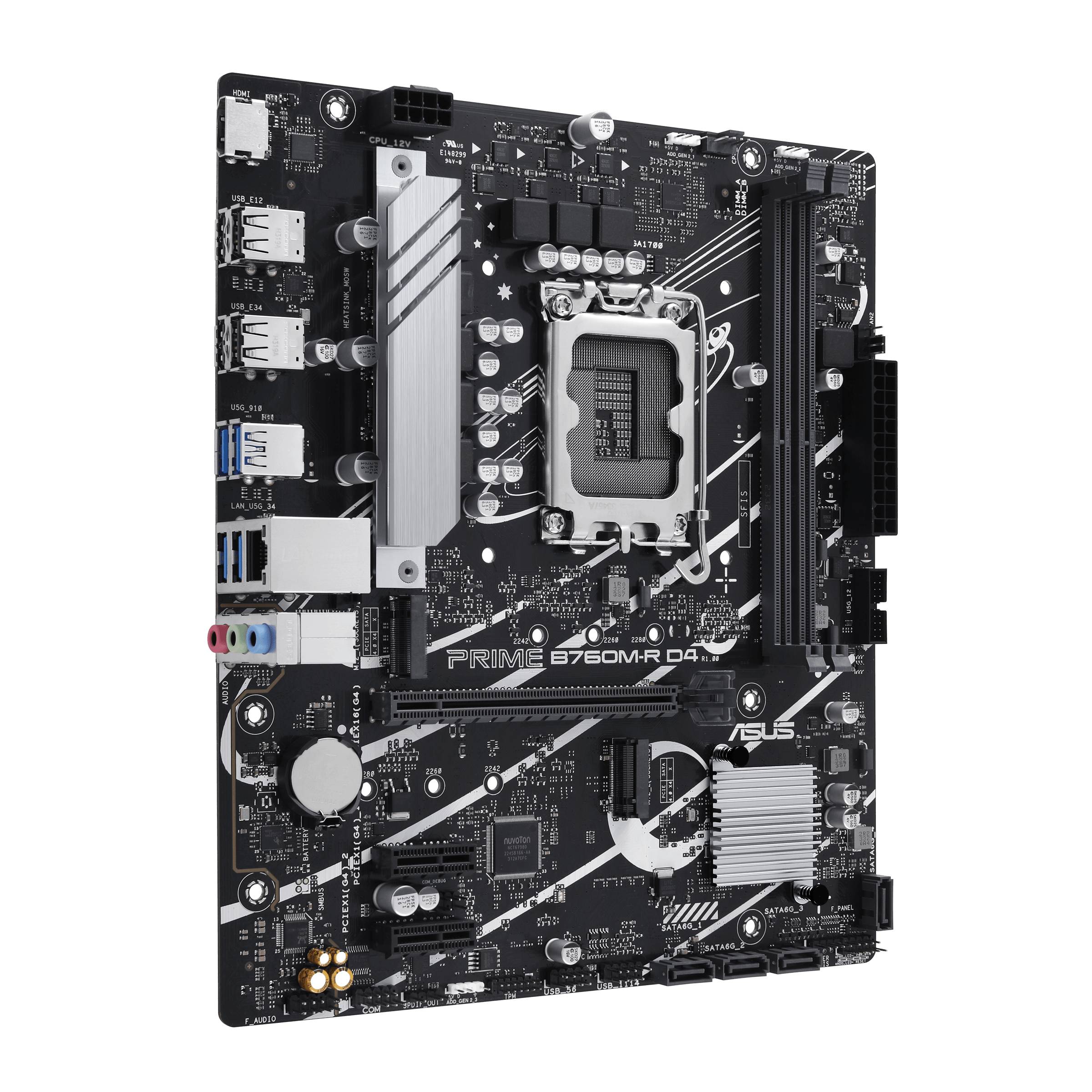 ASUS PRIME B760M-R D4 Micro-ATX-Motherboard in Vorderansicht, mit CPU-Sockel, RAM-Steckplätzen, Erweiterungssteckplätzen, Kühlkörpern und hinteren Ein-/Ausgangsanschlüssen.