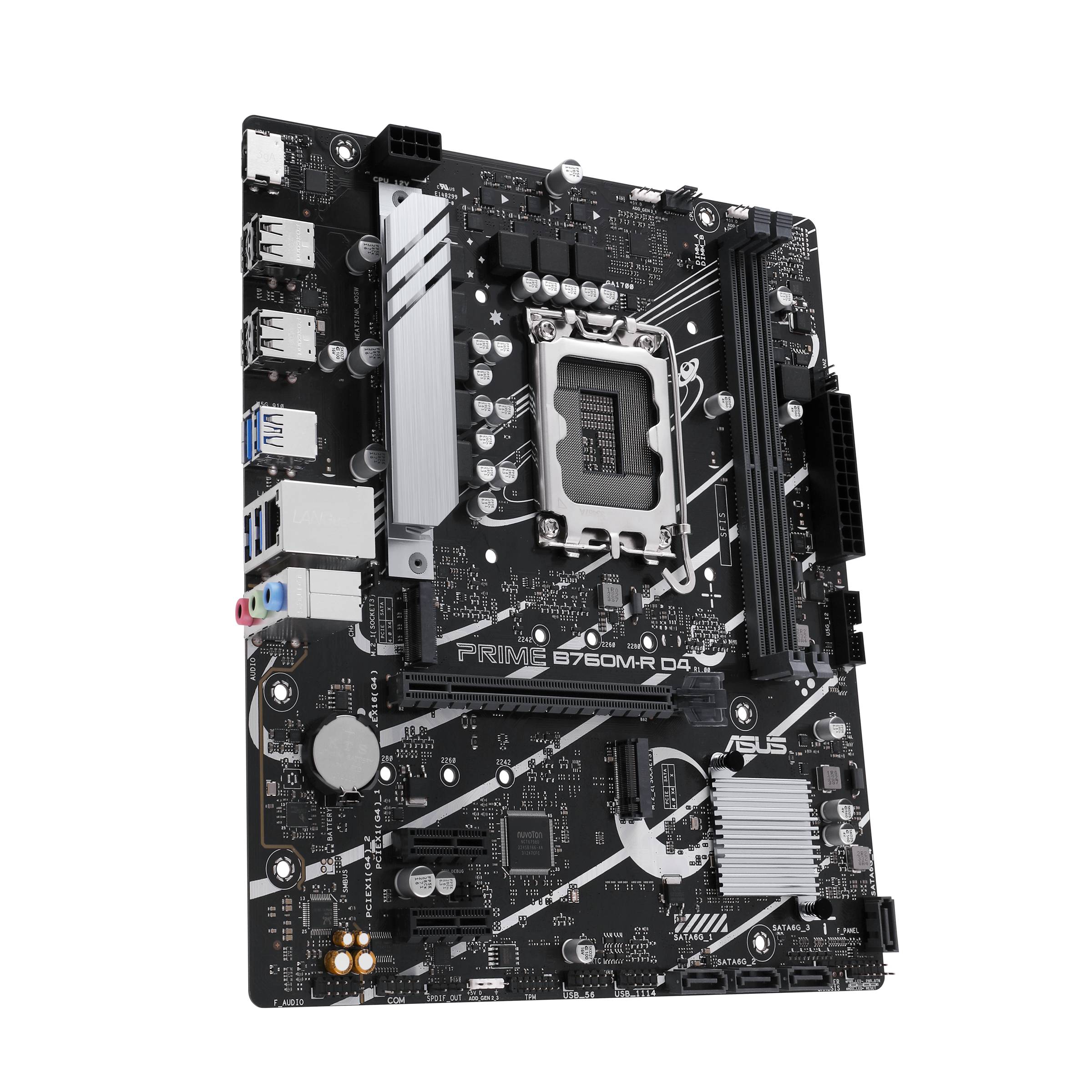 ASUS PRIME B760M-R D4 Computer-Motherboard auf schwarzem Hintergrund, zeigt CPU-Sockel, RAM-Steckplätze, PCIe-Steckplatz und hintere E/A-Anschlüsse.