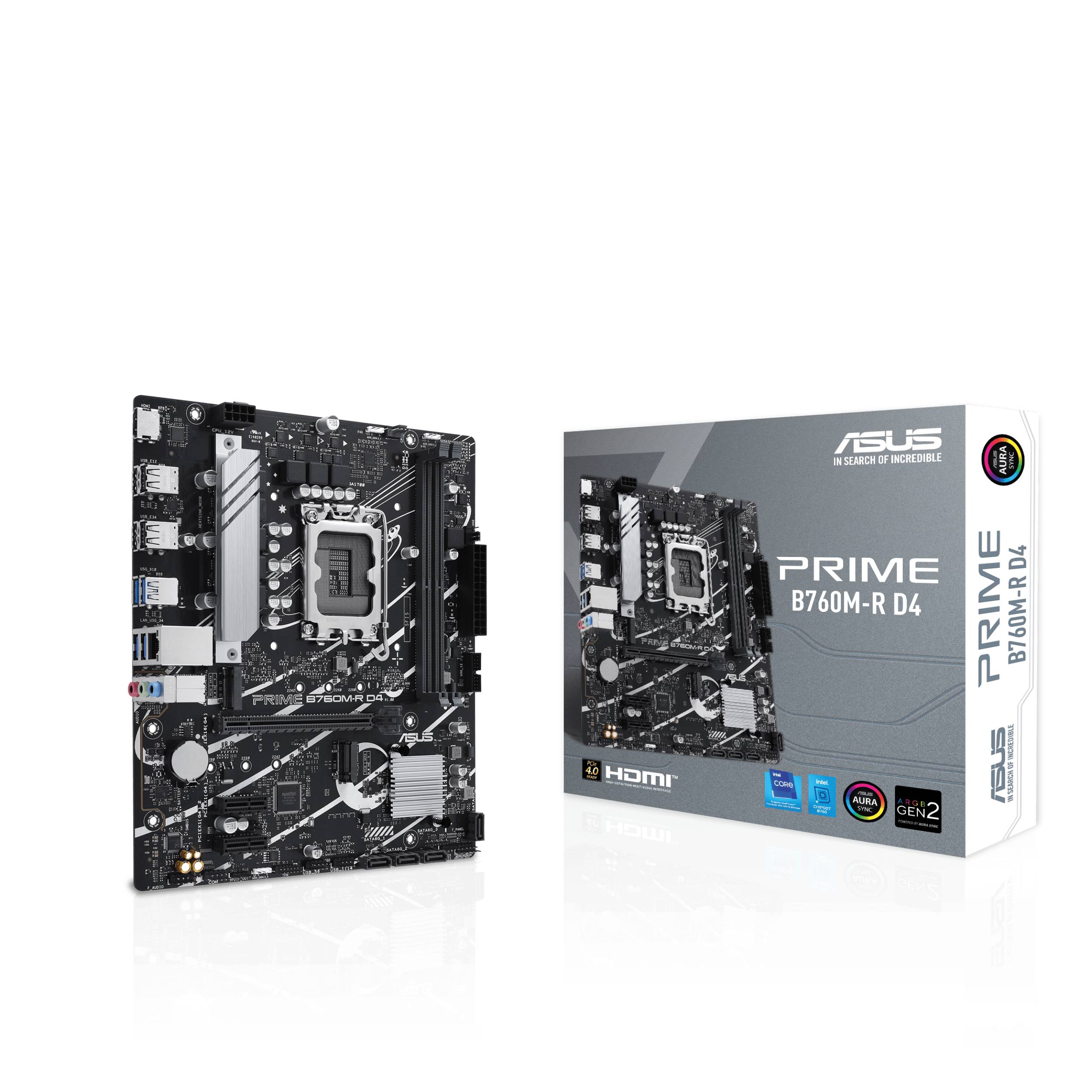 ASUS PRIME B760M-R D4 Mainboard neben seiner Einzelhandelsverpackung auf schwarzem Hintergrund gezeigt.