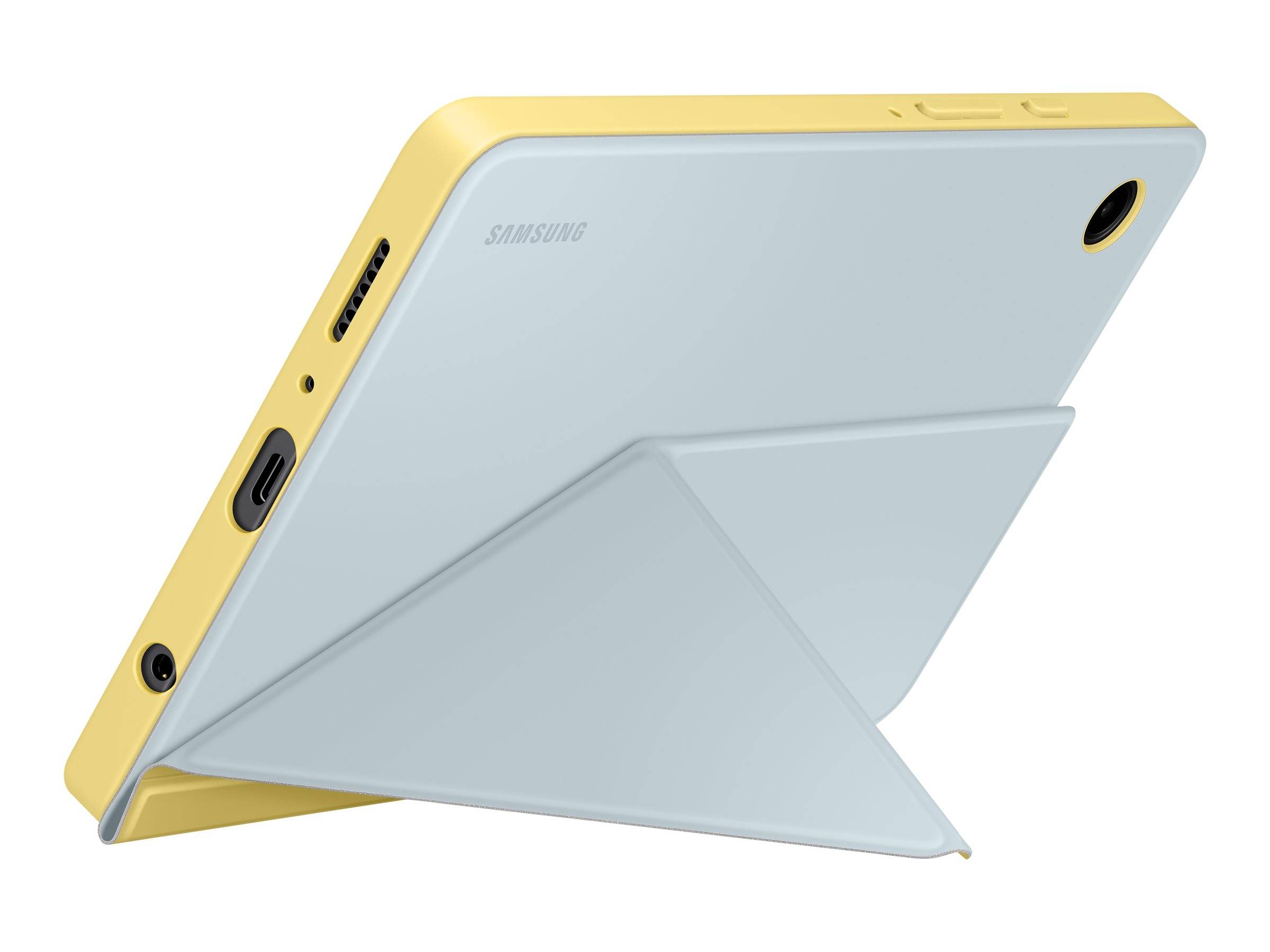 Rückansicht eines Samsung-Tablets in einem gelben Etui mit einem Origami-ähnlichen Ständer, schräg auf weißem Hintergrund angewinkelt.