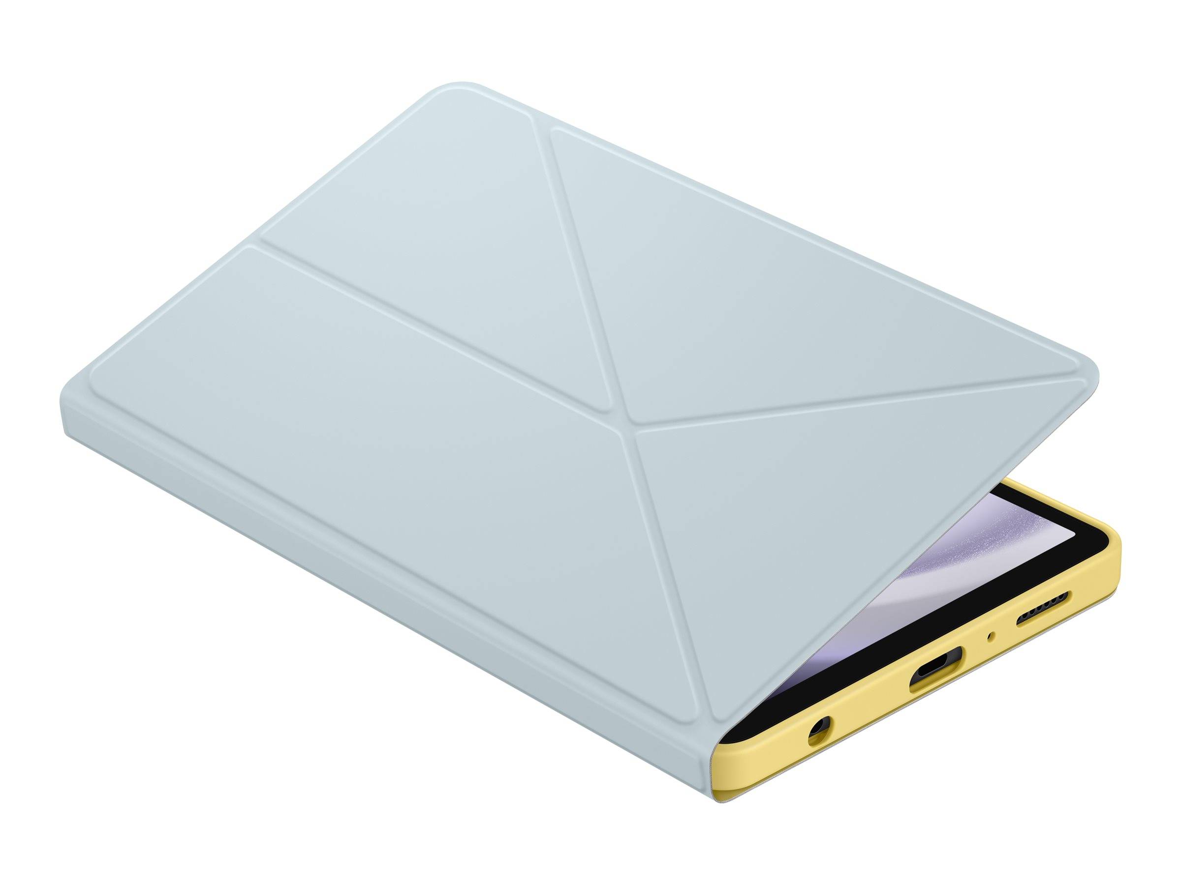 Hellgraue Schutztasche für Tablets zum Zusammenklappen, die ein goldenes Tablet teilweise abdeckt, in einer produktgestylten Ansicht.
