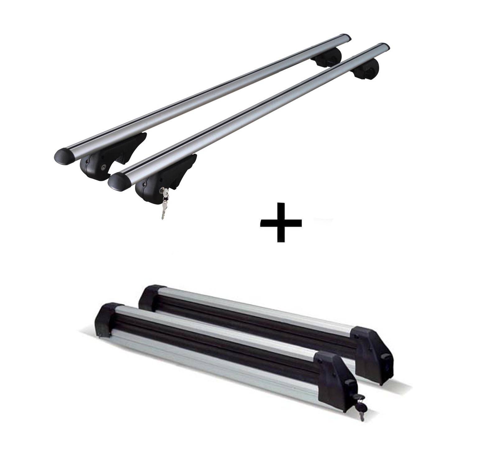 Dachträger Rio 120 + Skiträger / Snowboardträger / Skihalter Silver Ice ausziehbar kompatibel mit für Peugeot 206 Break ab 02