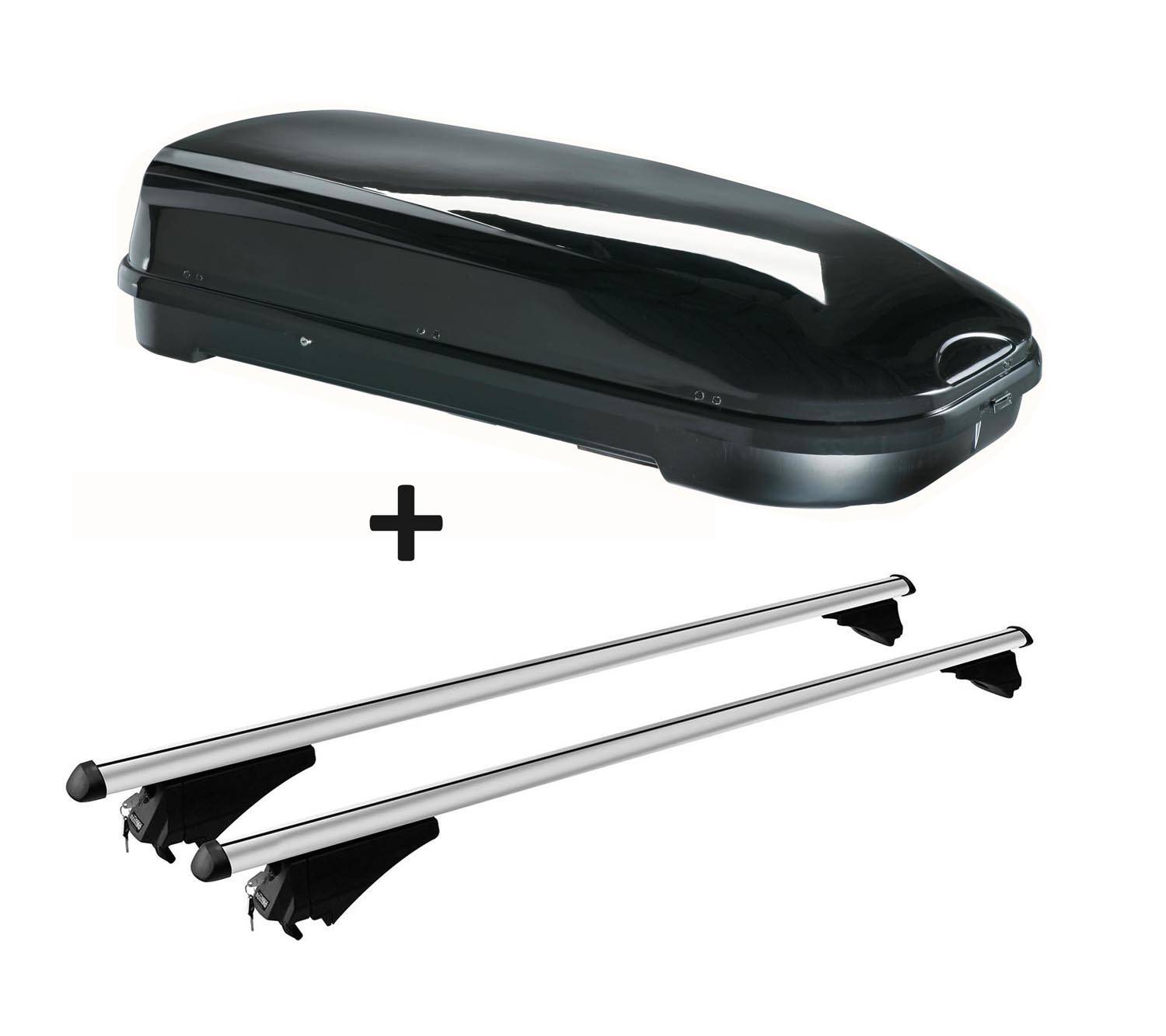 Dachbox schwarz VDP JUFL580 580 Liter abschließbar + Alu-Relingträger Tiger XL aufliegende Reling im Set kompatibel mit für BMW 2er F45 Active Tour