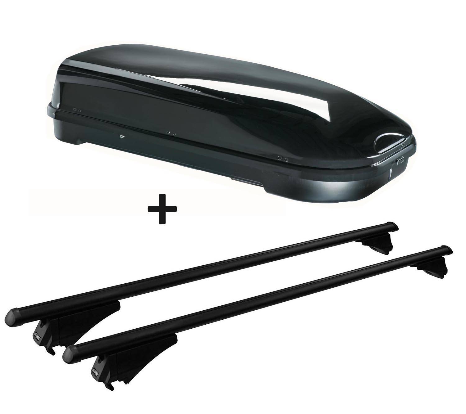 Skibox schwarz VDP JUFL580 580 Liter abschließbar + Alu-Relingträger Tiger XL schwarz aufliegende im Set für Kia Sportage (SL) ab 2010